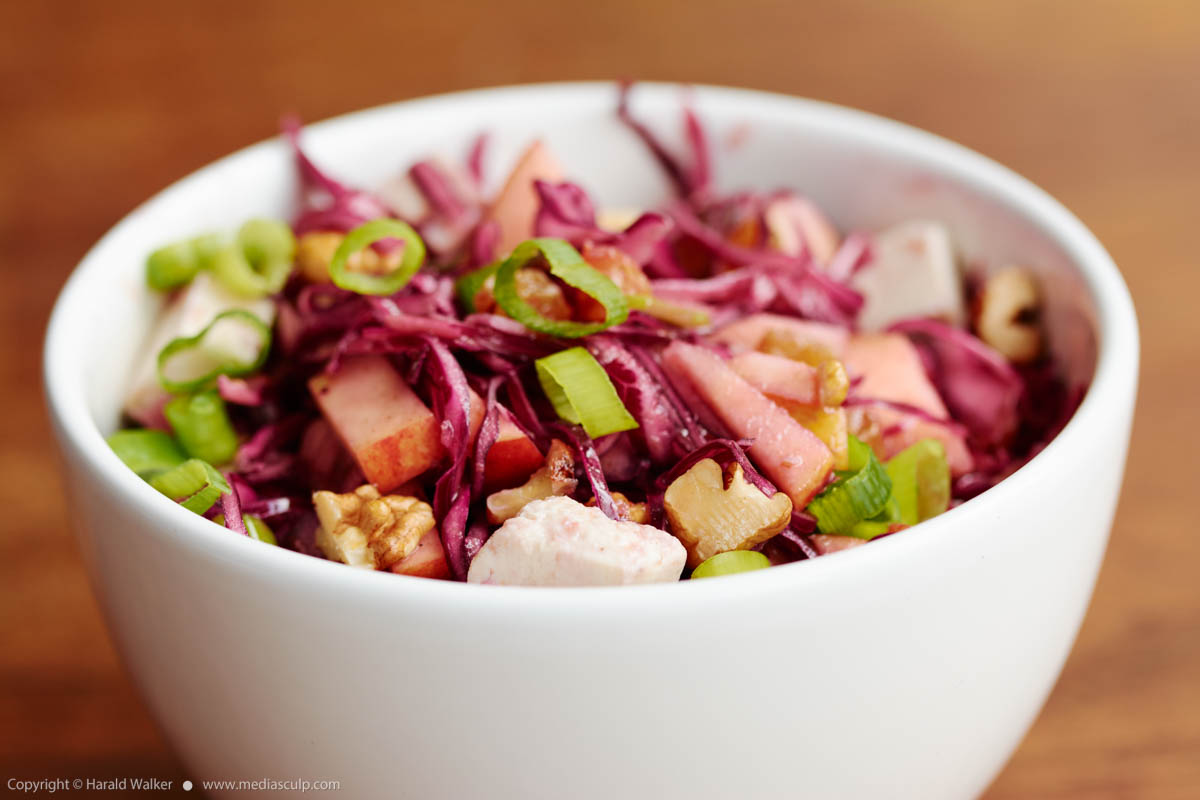 Stock photo of Red Cabbage Waldorf with Golden Raisins and Tofu Feta