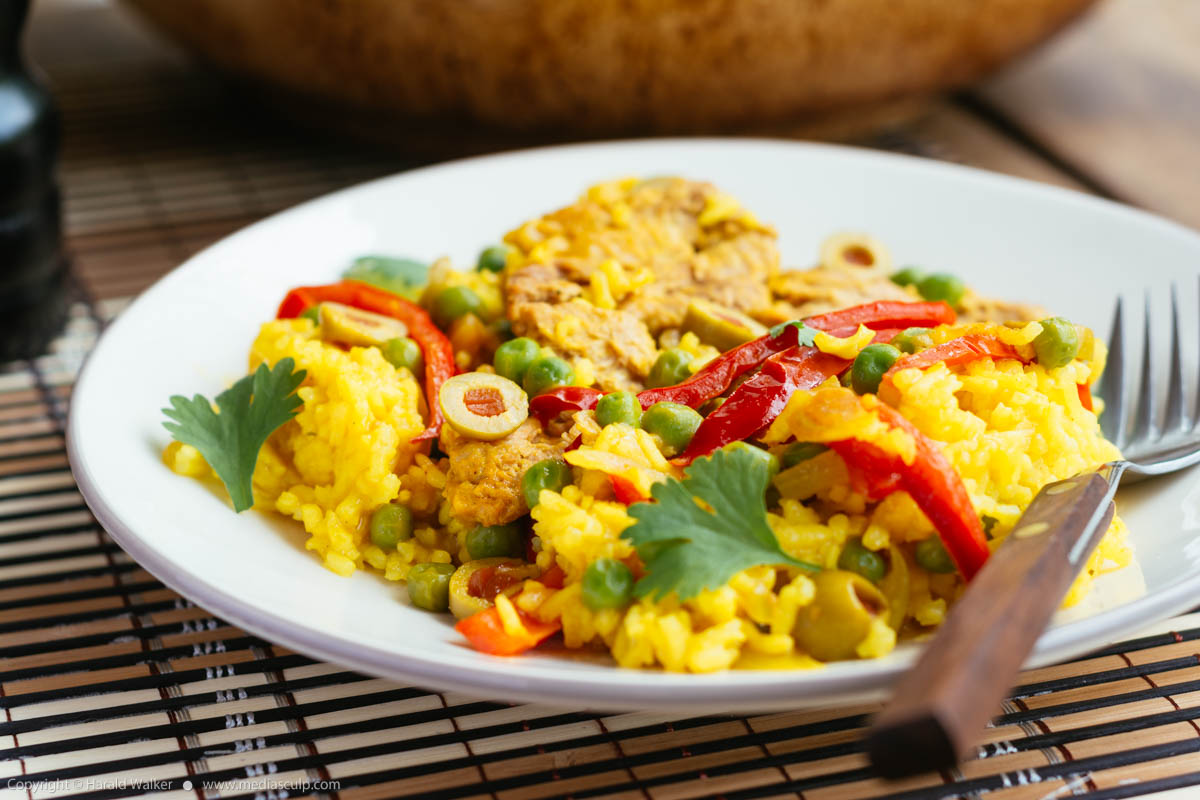 Stock photo of Yellow Rice with TVP Medallions