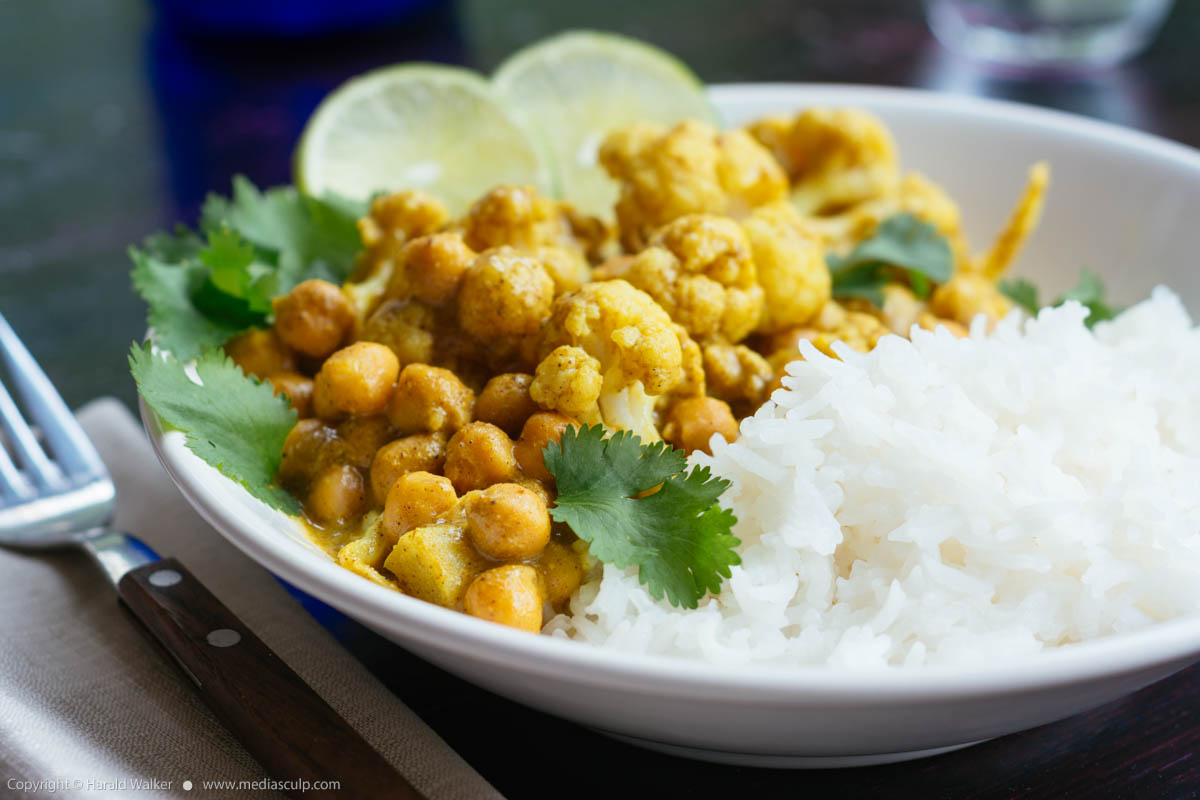 Stock photo of Curried Cauliflower and Chickpeas with Rice