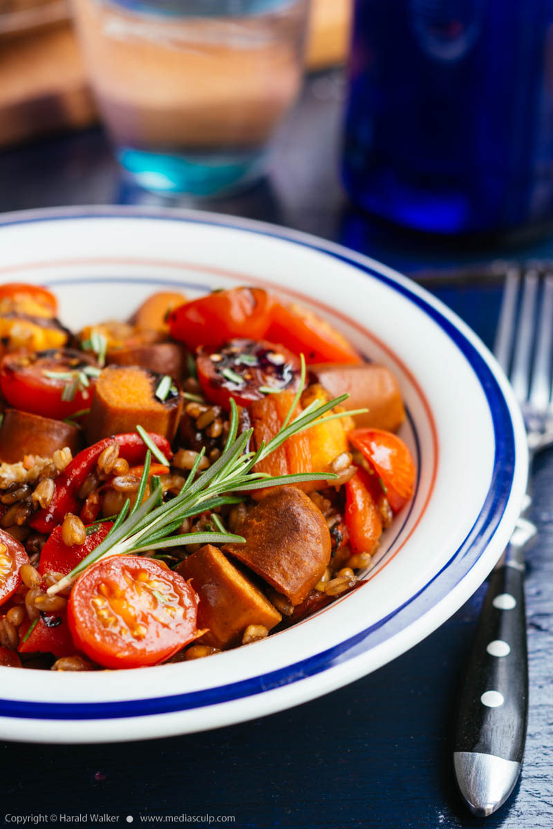 Stock photo of Farro with sweet potatoes, vegan sausage and roasted paprika