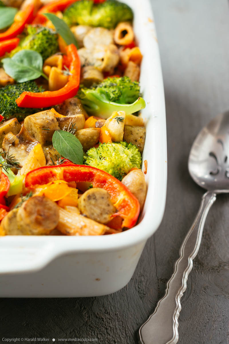 Stock photo of Pasta Casserole with Vegan Sausages and Vegetables