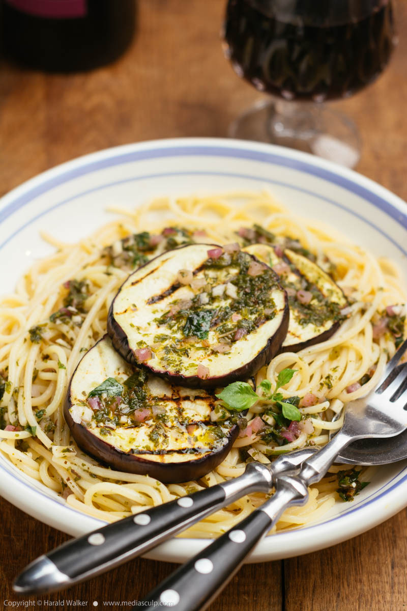 Stock photo of Pasta with Grilled Eggplant and Italian herb Sauce