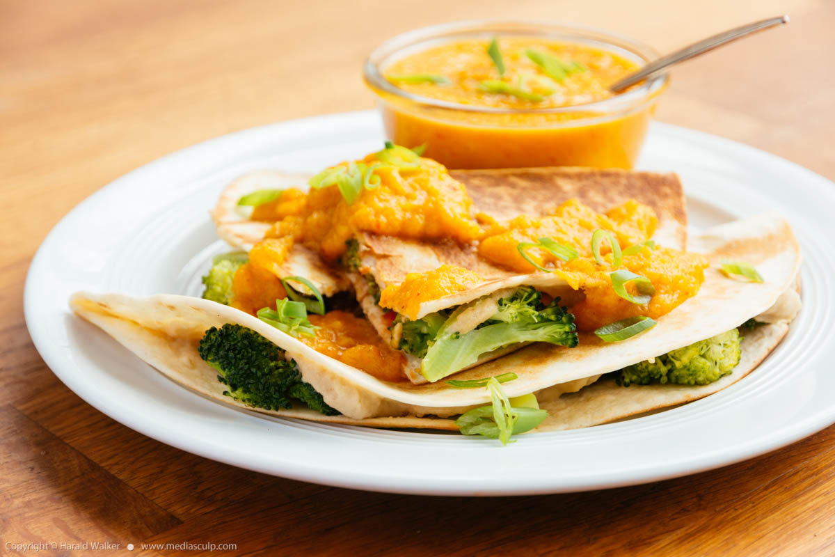 Stock photo of Broccoli Quesadillas with Apricot-Carrot Sauce