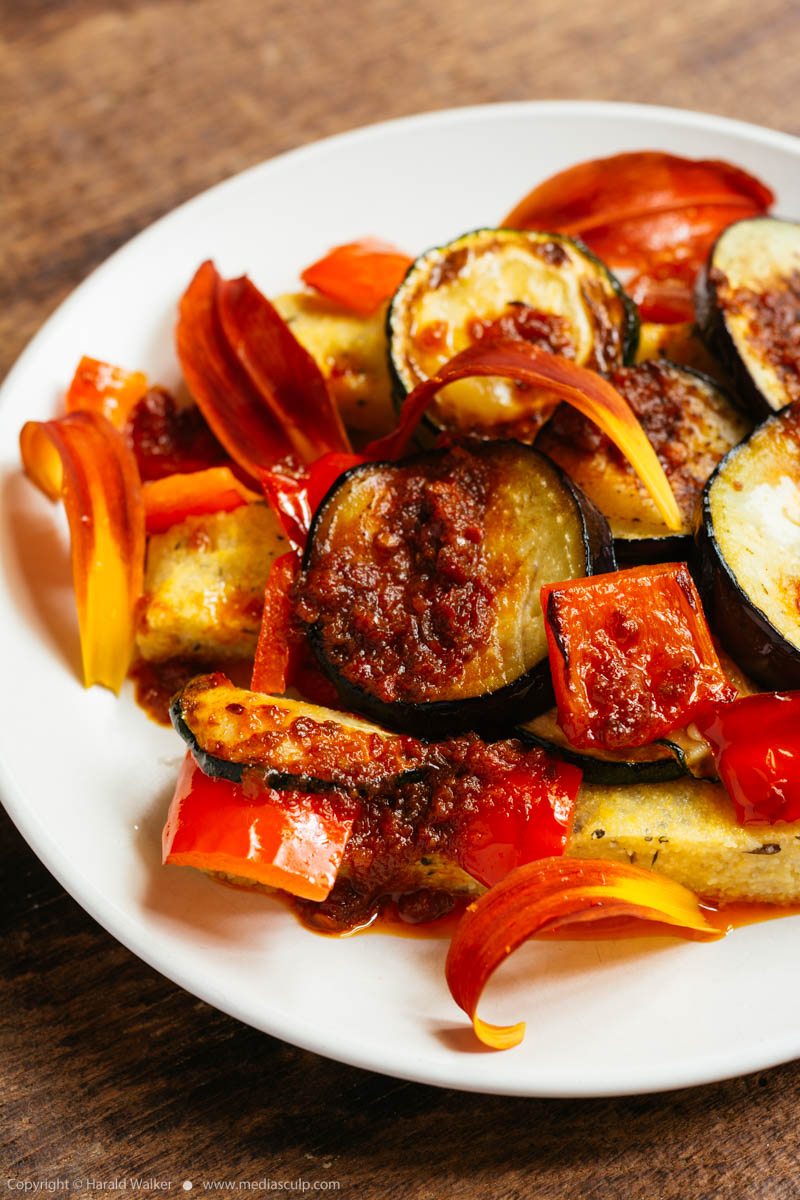 Stock photo of Grilled eggplant and red peppers