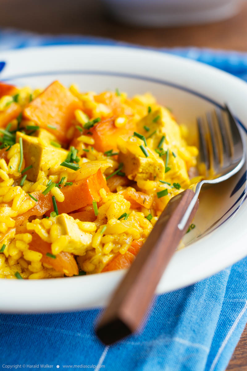 Stock photo of Orange Risotto with Tofu, Pumpkin and Apricot