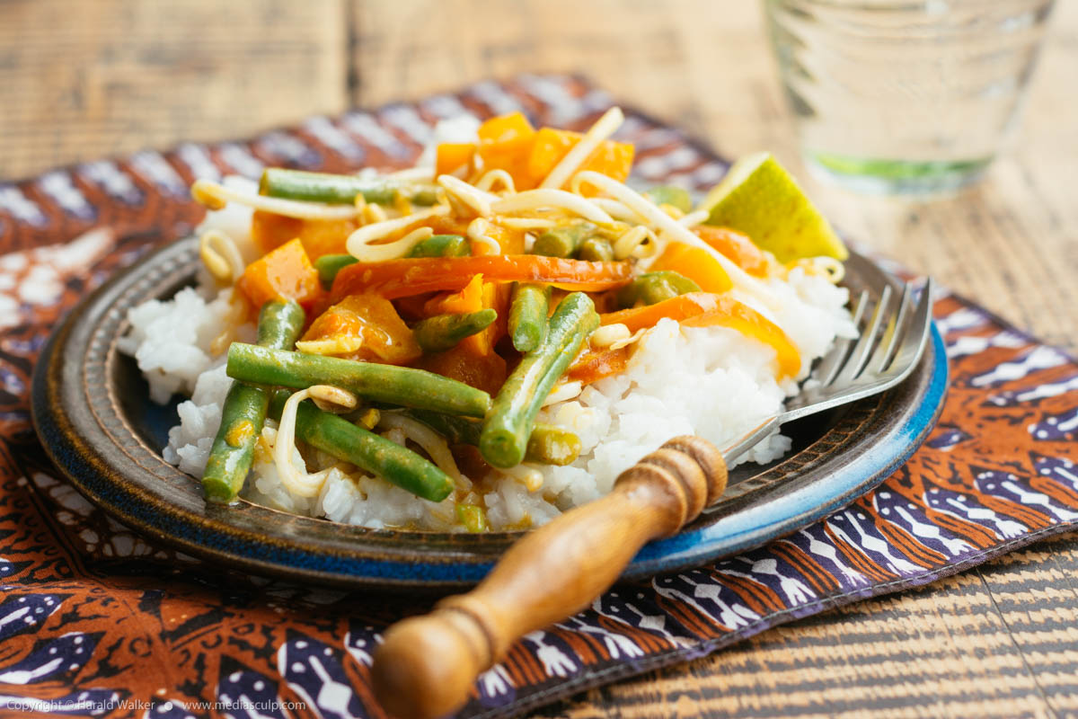 Stock photo of Thai Pumpkin Curry with Green Beans and Sprouts