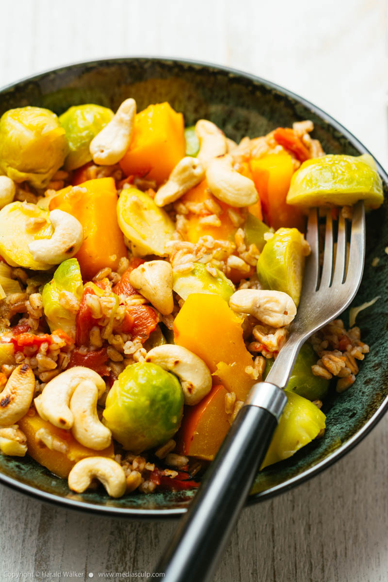 Stock photo of Spelt with Brussels Sprouts and Winter Squash