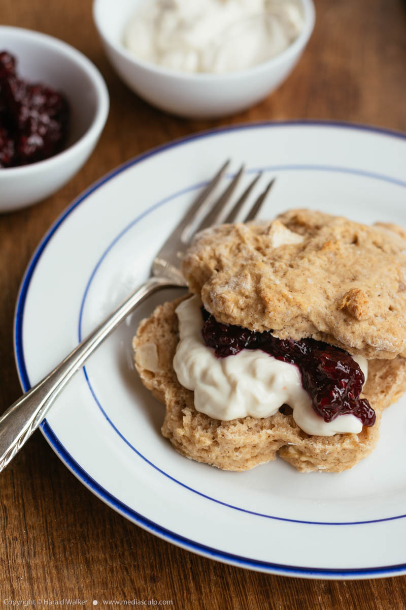 Stock photo of Apple Scones with Soy quark and Blackberry Jam