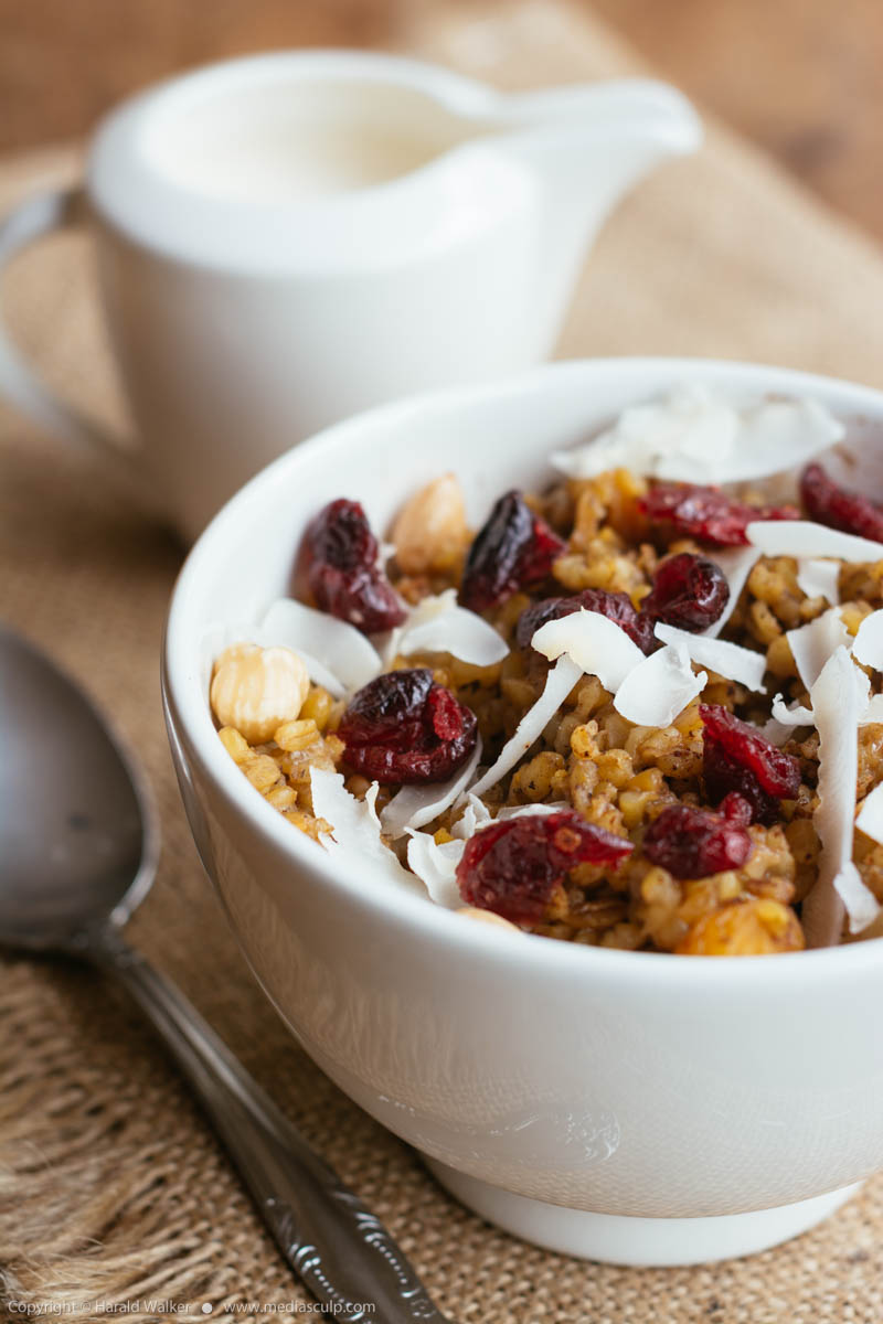 Stock photo of Freekeh Breakfast Bowl with Cranberries and Coconut