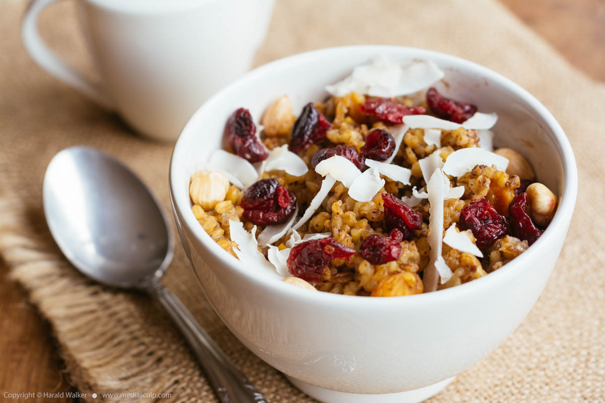 Stock photo of Freekeh Breakfast Bowl with Cranberries and Coconut