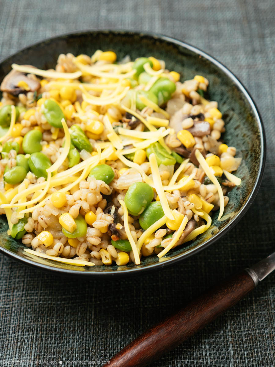 Stock photo of Barley Risotto with Fava beans, Mushrooms and Corn