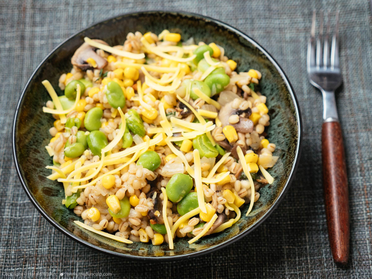 Stock photo of Barley Risotto with Fava beans, Mushrooms and Corn