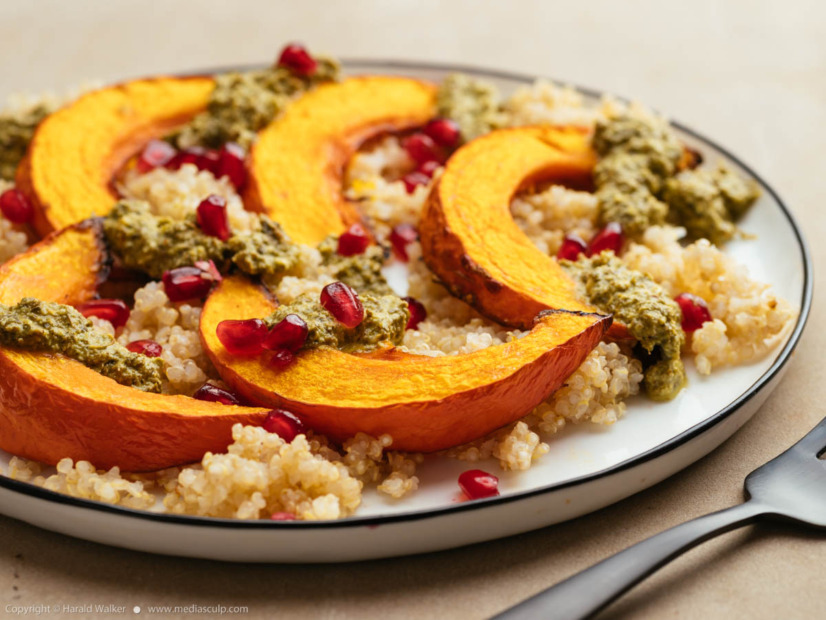 Stock photo of Roasted Winter Squash with Quinoa and Mint Pesto